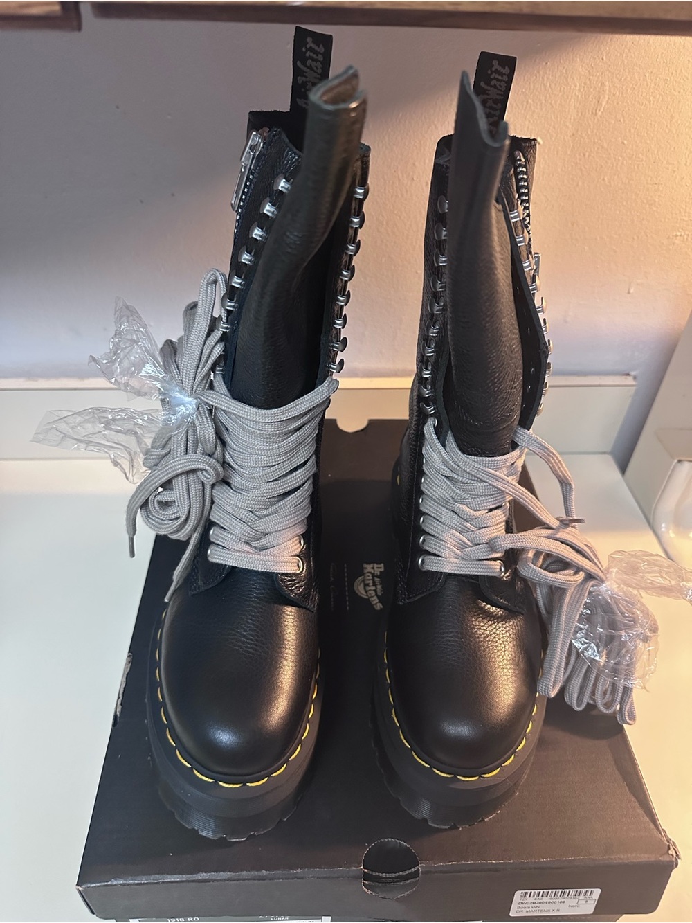Dr. Martens Black Leather Platform Lace-Up Boots with Yellow Stitching - Picture 8 of 8